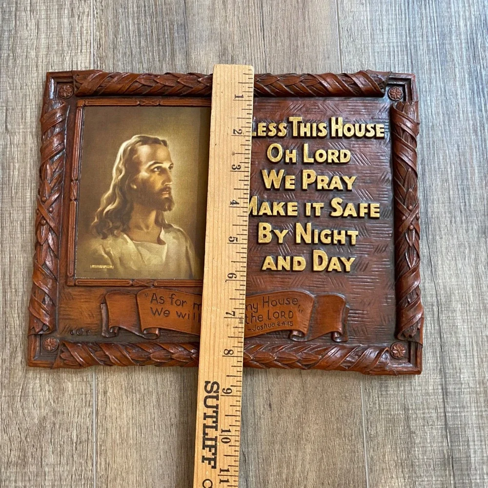 Vintage Warner Press Art-Wood Jesus Christ Bless This House Plaque N4901 USA
